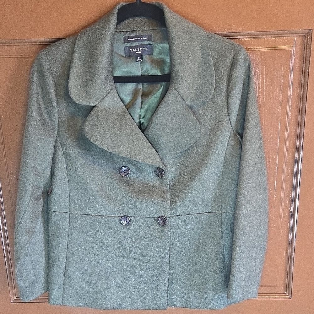 Talbots-Wool blend olive green short double breasted jkt Sz 4P